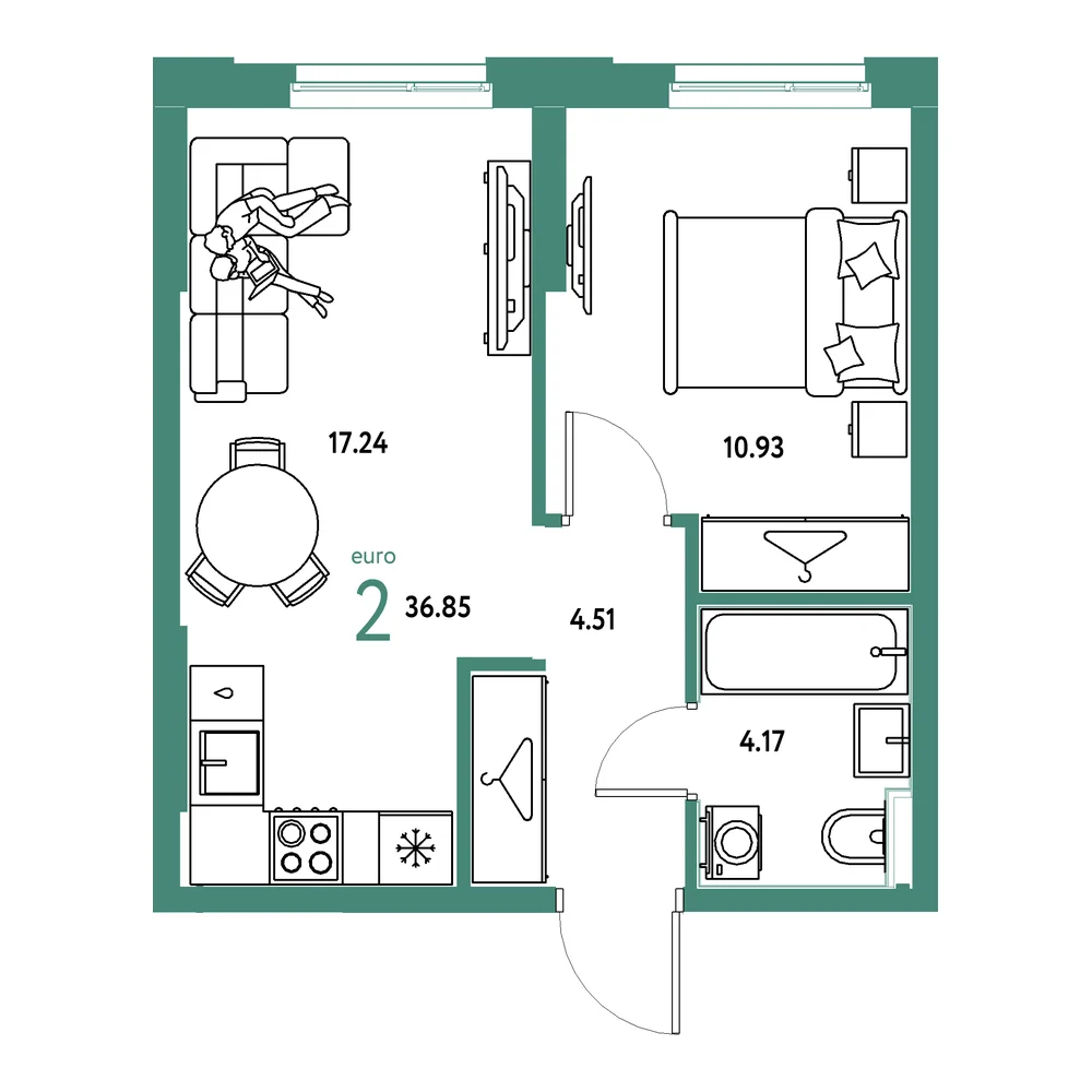 Планировка: Европейский берег 2.0 2-комнатная 36,85м²