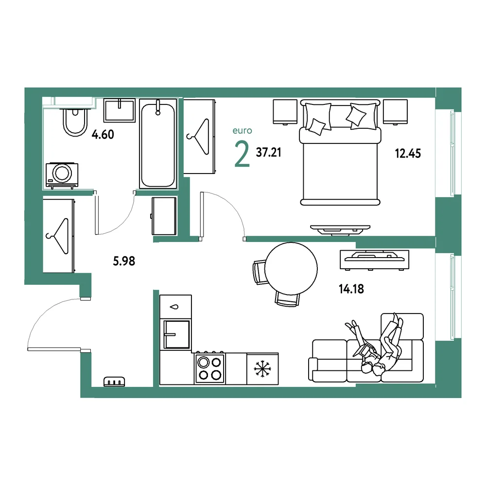 Планировка: Европейский берег 2.0 2-комнатная 37,22м²