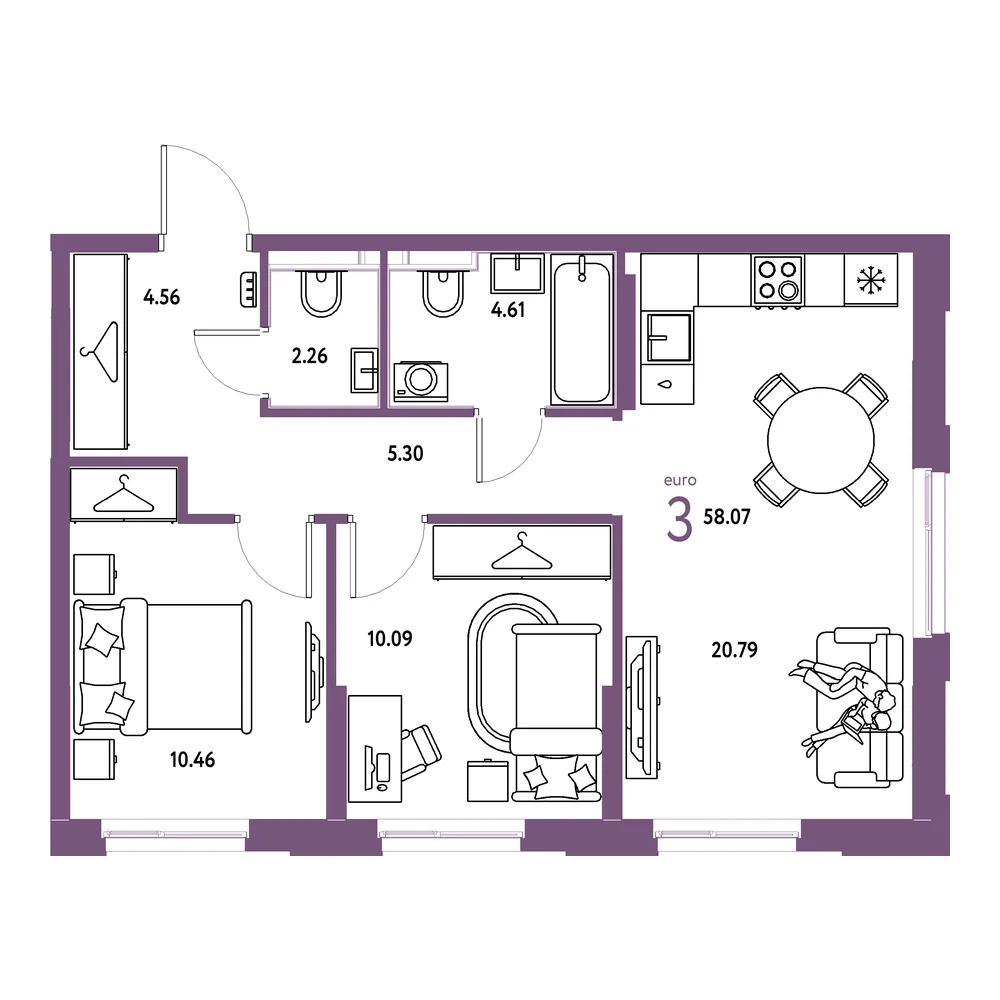 Планировка: Европейский берег 2.0 3-комнатная 58,07м²
