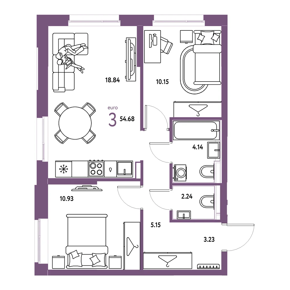 Планировка: Европейский берег 2.0 3-комнатная 54,70м²