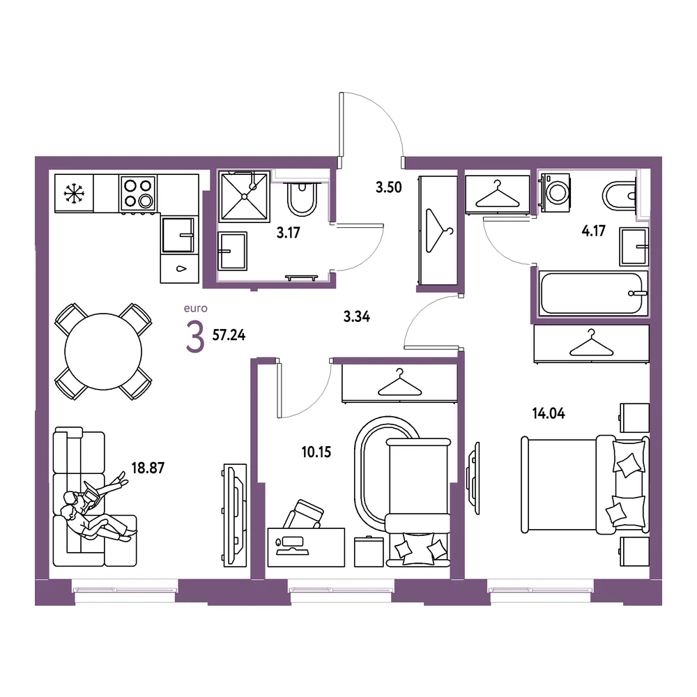 Планировка: Европейский берег 2.0 3-комнатная 57,24м²