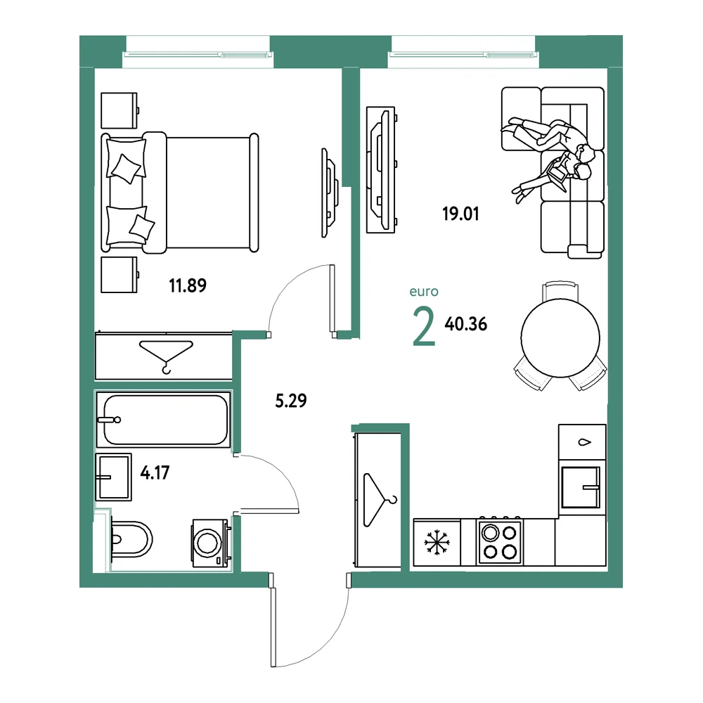 Планировка: Европейский берег 2.0 2-комнатная 40,36м²