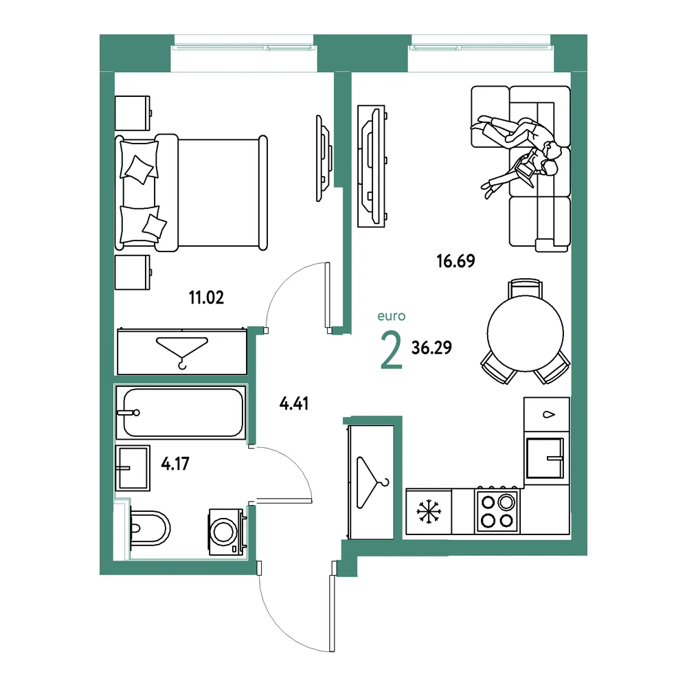 Планировка: Европейский берег 2.0 2-комнатная 36,29м²