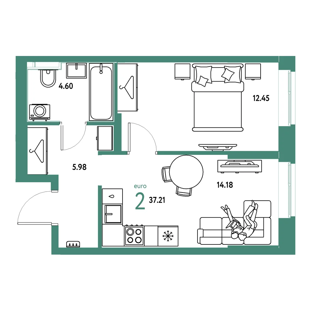 Планировка: Европейский берег 2.0 2-комнатная 37,22м²