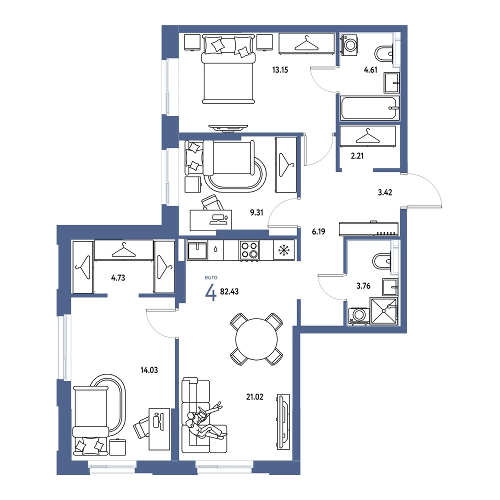 Планировка: Европейский берег 2.0 4-комнатная 82,43м²