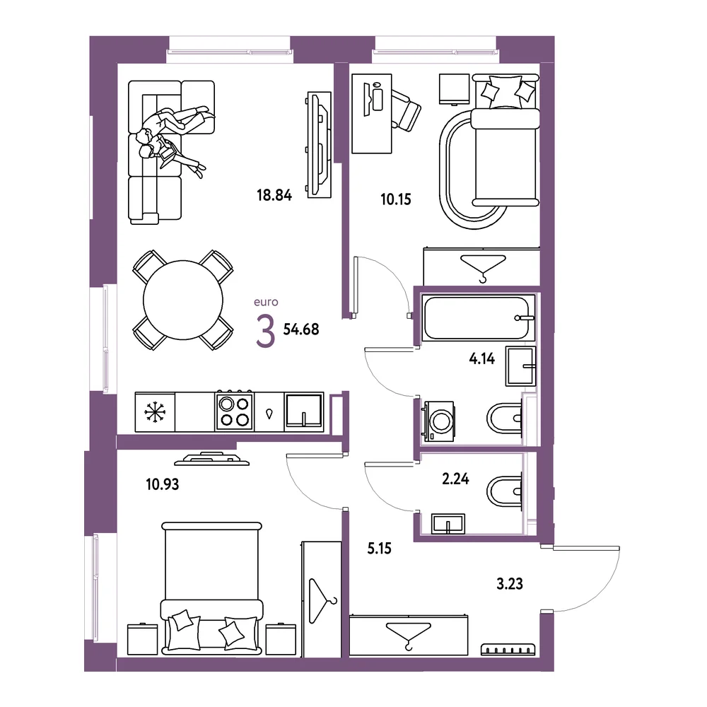 Планировка: Европейский берег 2.0 3-комнатная 54,70м²