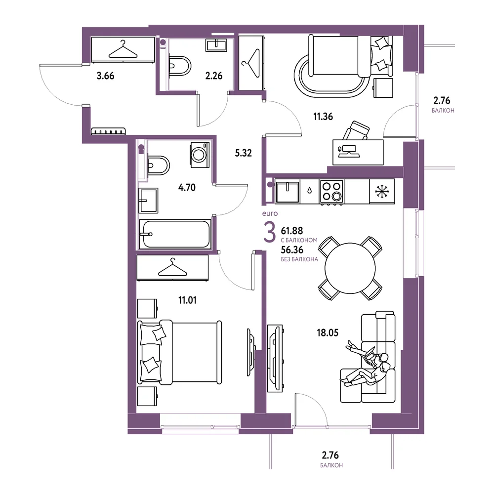 Планировка: Европейский берег 2.0 3-комнатная 61,88м²