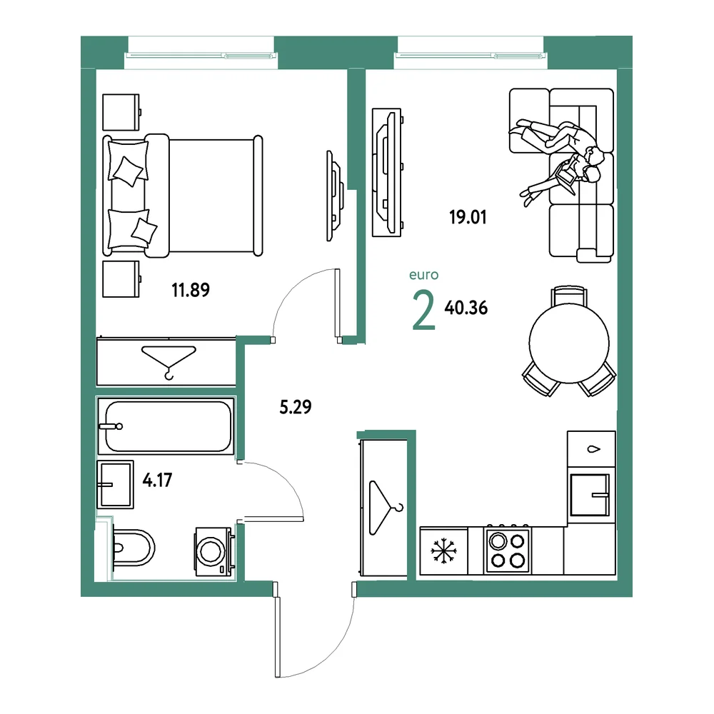 Планировка: Европейский берег 2.0 2-комнатная 40,36м²