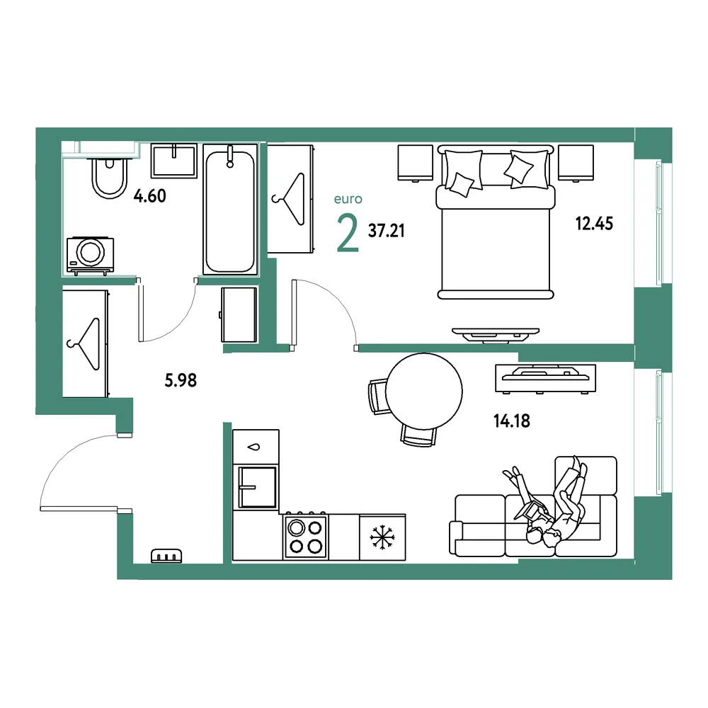 Планировка: Европейский берег 2.0 2-комнатная 37,22м²