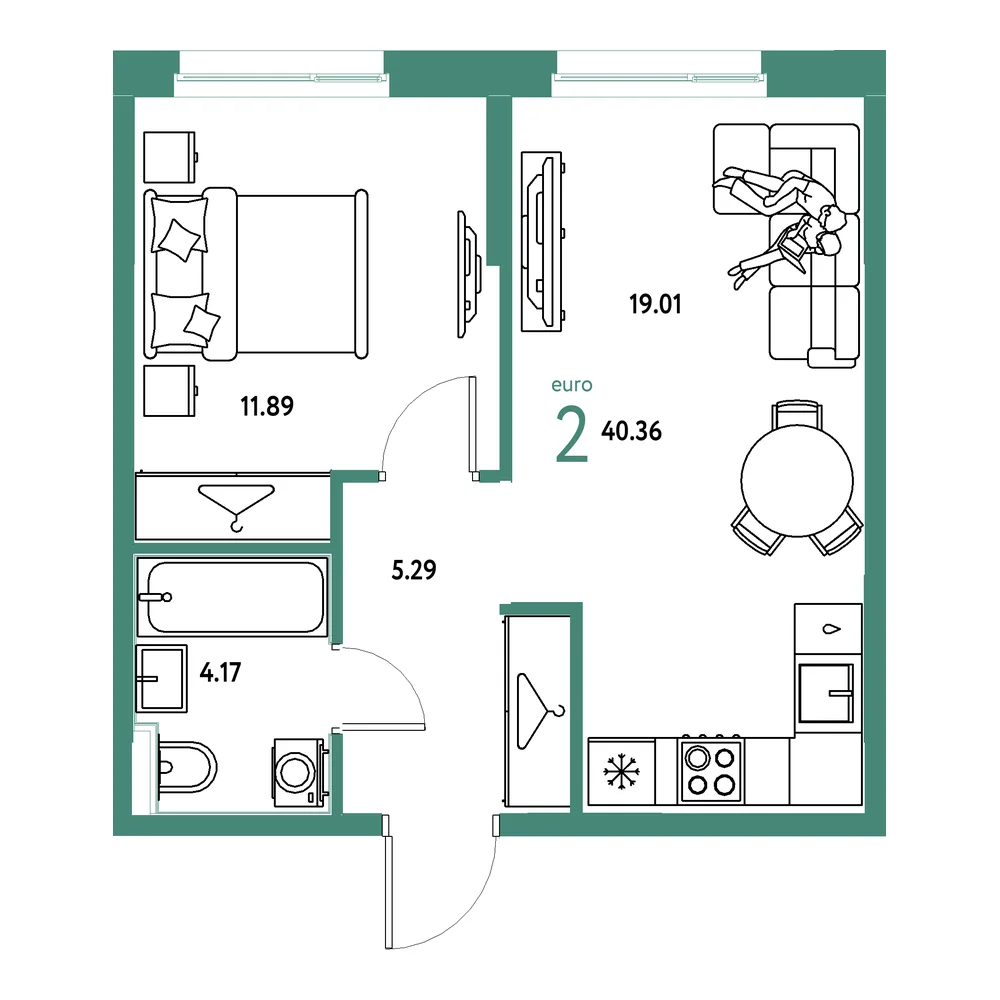 Планировка: Европейский берег 2.0 2-комнатная 40,36м²