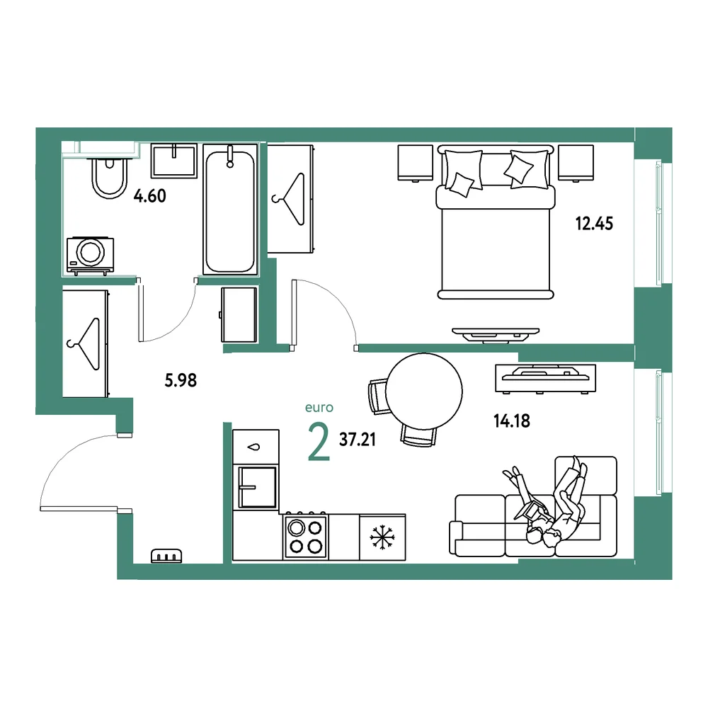 Планировка: Европейский берег 2.0 2-комнатная 37,22м²