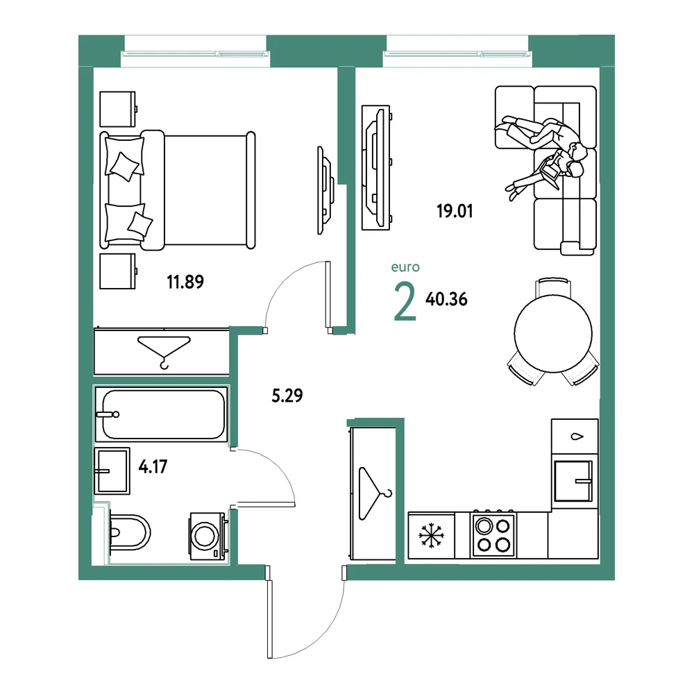 Планировка: Европейский берег 2.0 2-комнатная 40,36м²