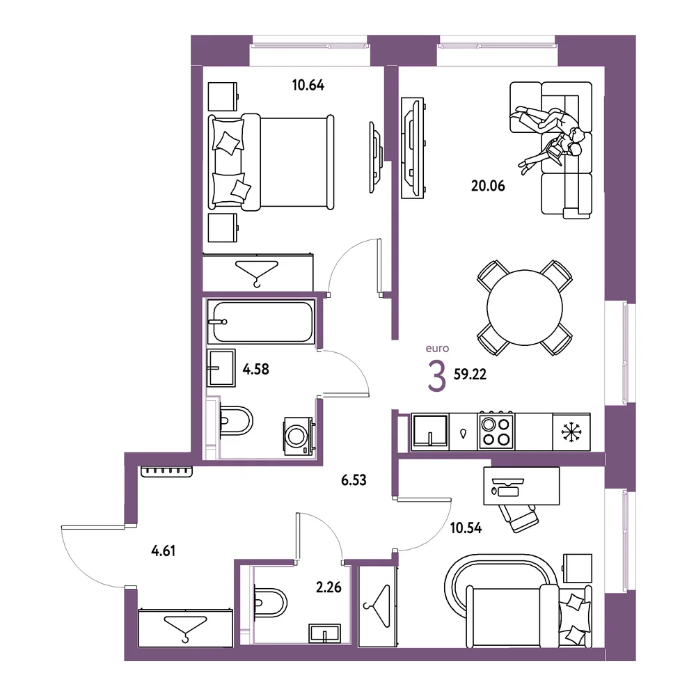 Планировка: Европейский берег 2.0 3-комнатная 59,22м²