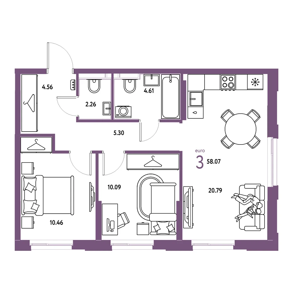 Планировка: Европейский берег 2.0 3-комнатная 58,07м²