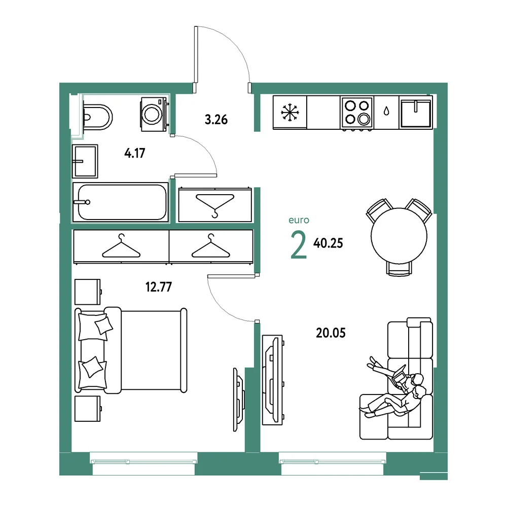 Планировка: Европейский берег 2.0 2-комнатная 40,25м²