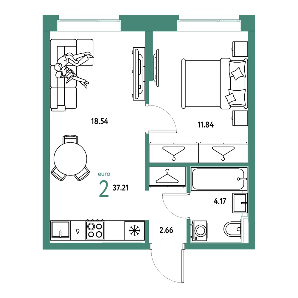 Планировка: Европейский берег 2.0 2-комнатная 37,21м²