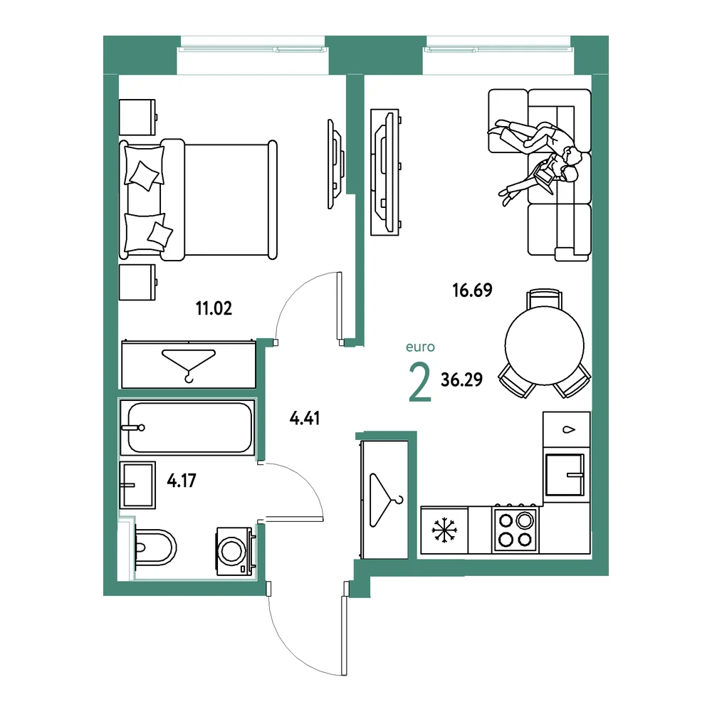 Планировка: Европейский берег 2.0 2-комнатная 36,29м²