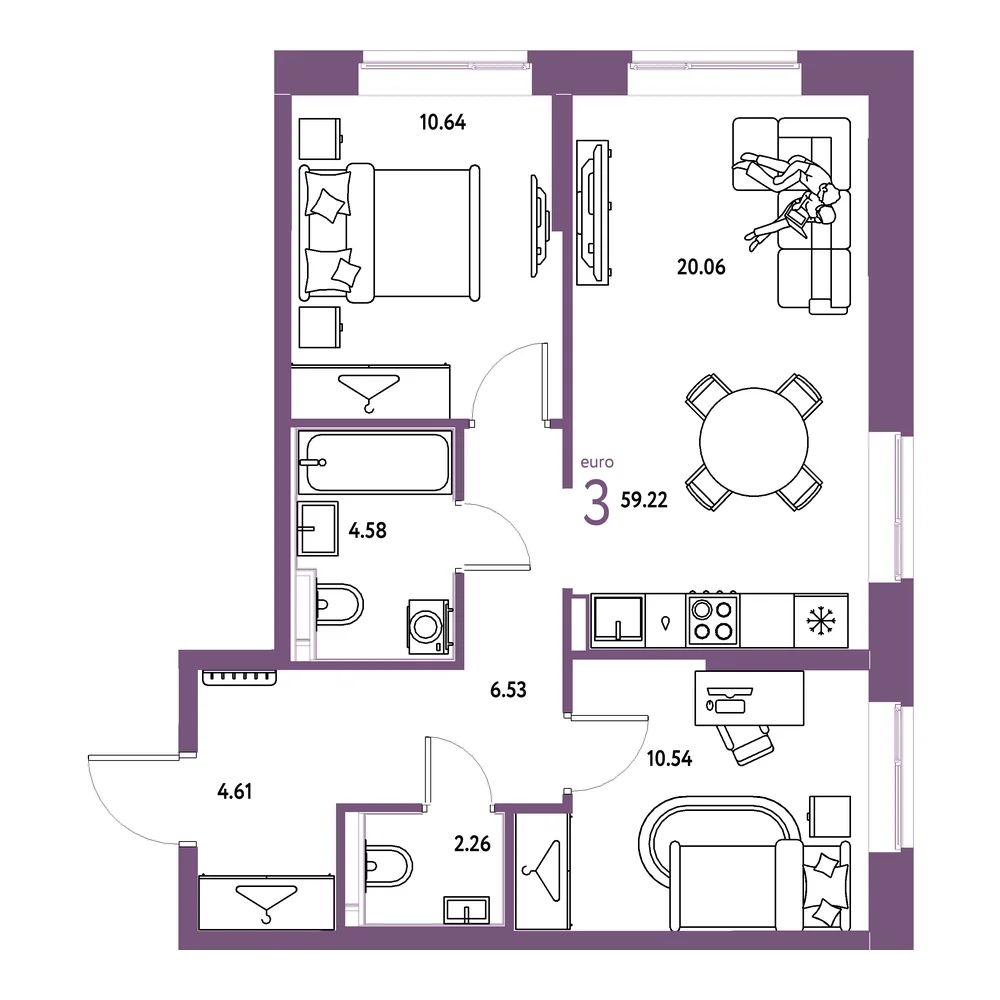 Планировка: Европейский берег 2.0 3-комнатная 59,22м²