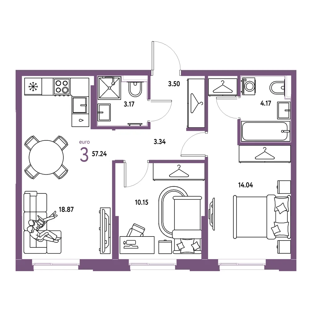 Планировка: Европейский берег 2.0 3-комнатная 57,24м²