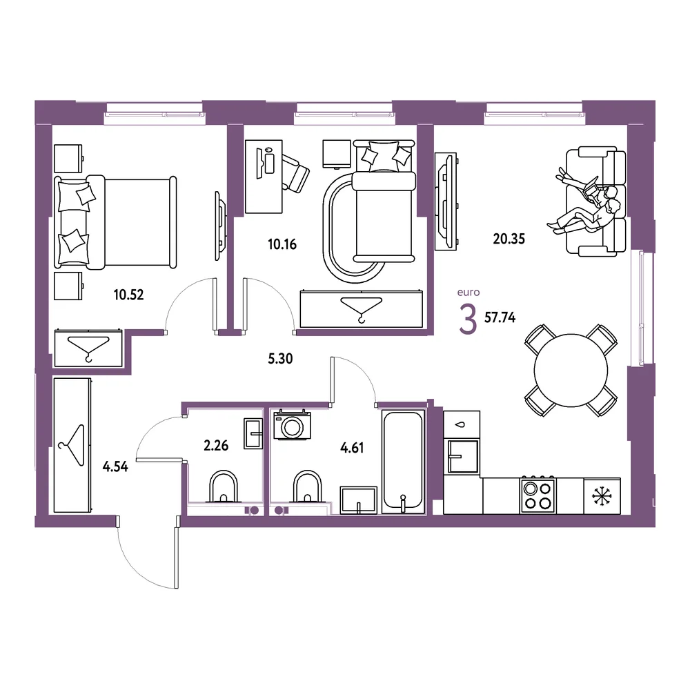 Планировка: Европейский берег 2.0 3-комнатная 57,74м²