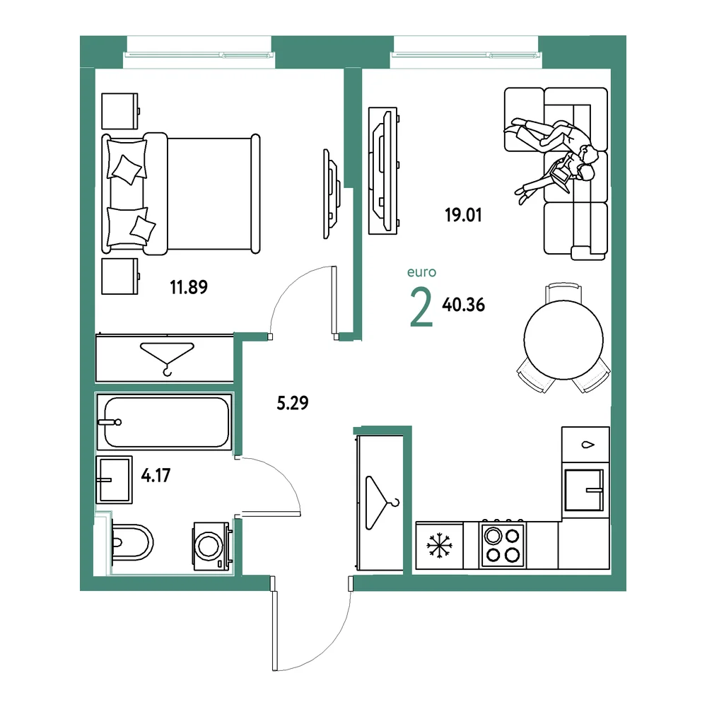 Планировка: Европейский берег 2.0 2-комнатная 40,36м²