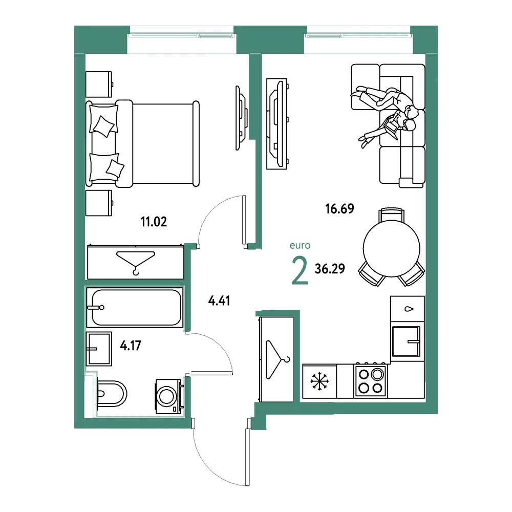 Планировка: Европейский берег 2.0 2-комнатная 36,29м²