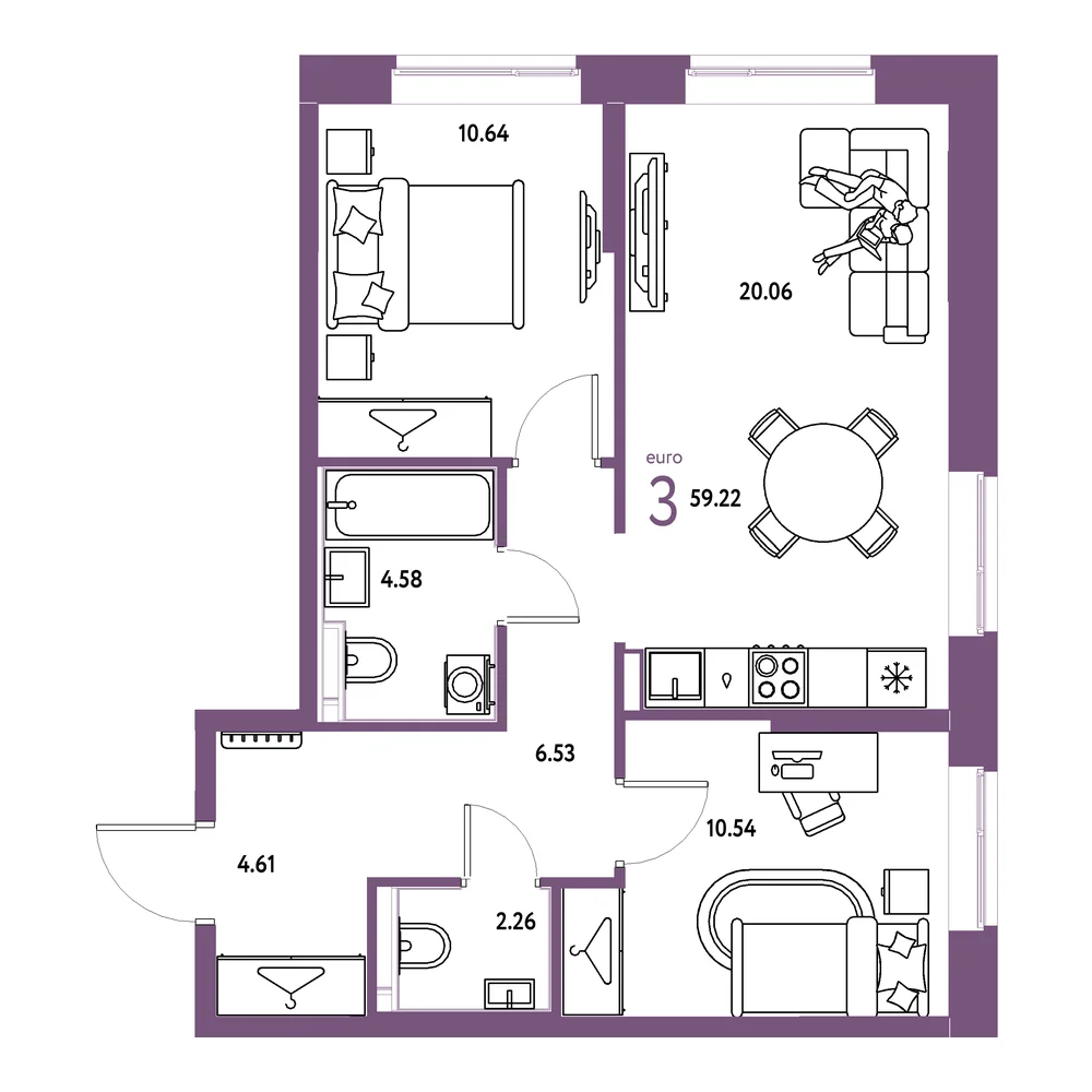 Планировка: Европейский берег 2.0 3-комнатная 59,22м²