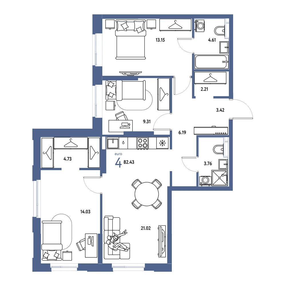 Планировка: Европейский берег 2.0 4-комнатная 82,43м²