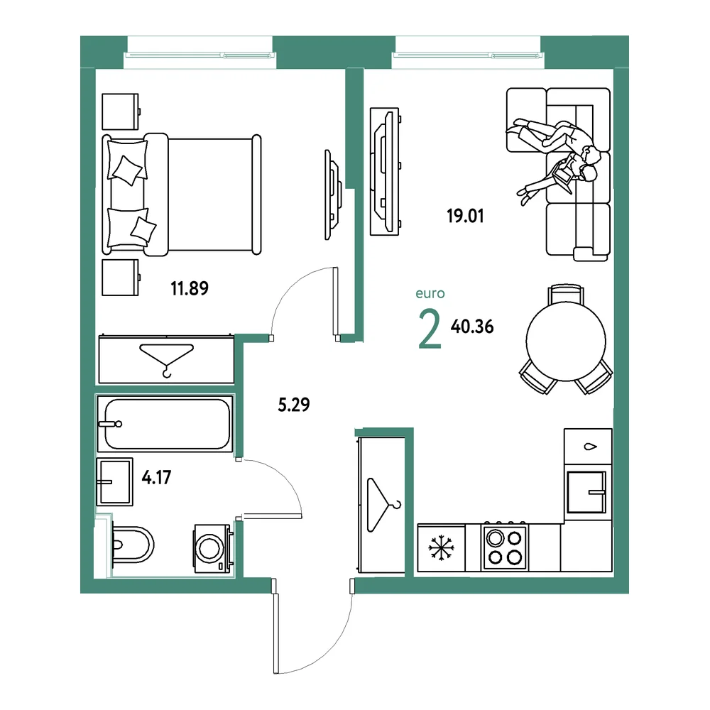 Планировка: Европейский берег 2.0 2-комнатная 40,36м²