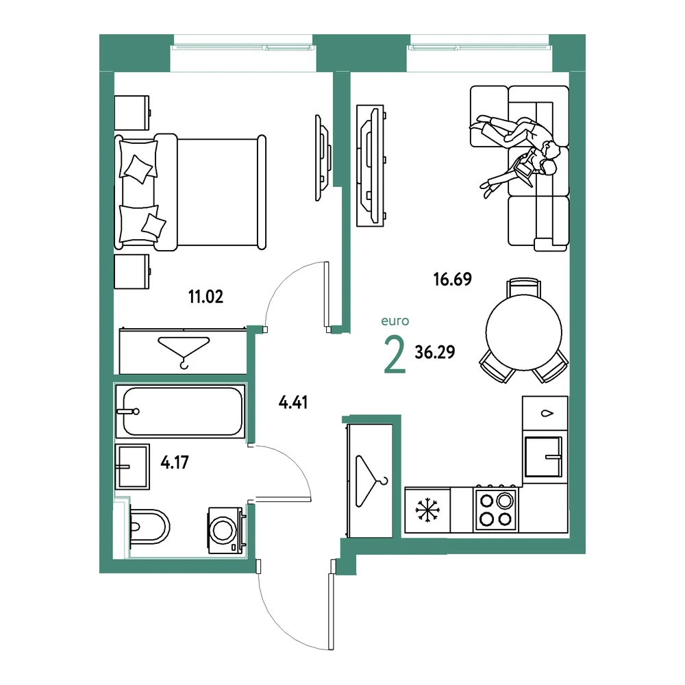 Планировка: Европейский берег 2.0 2-комнатная 36,29м²