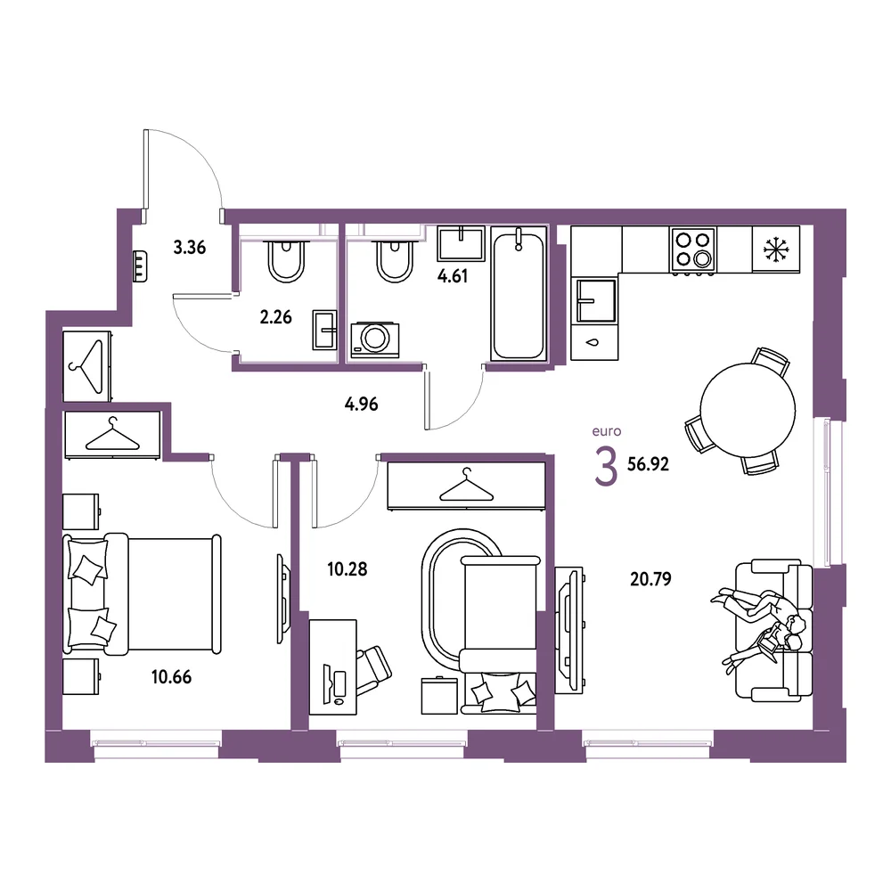 Планировка: Европейский берег 2.0 3-комнатная 56,92м²
