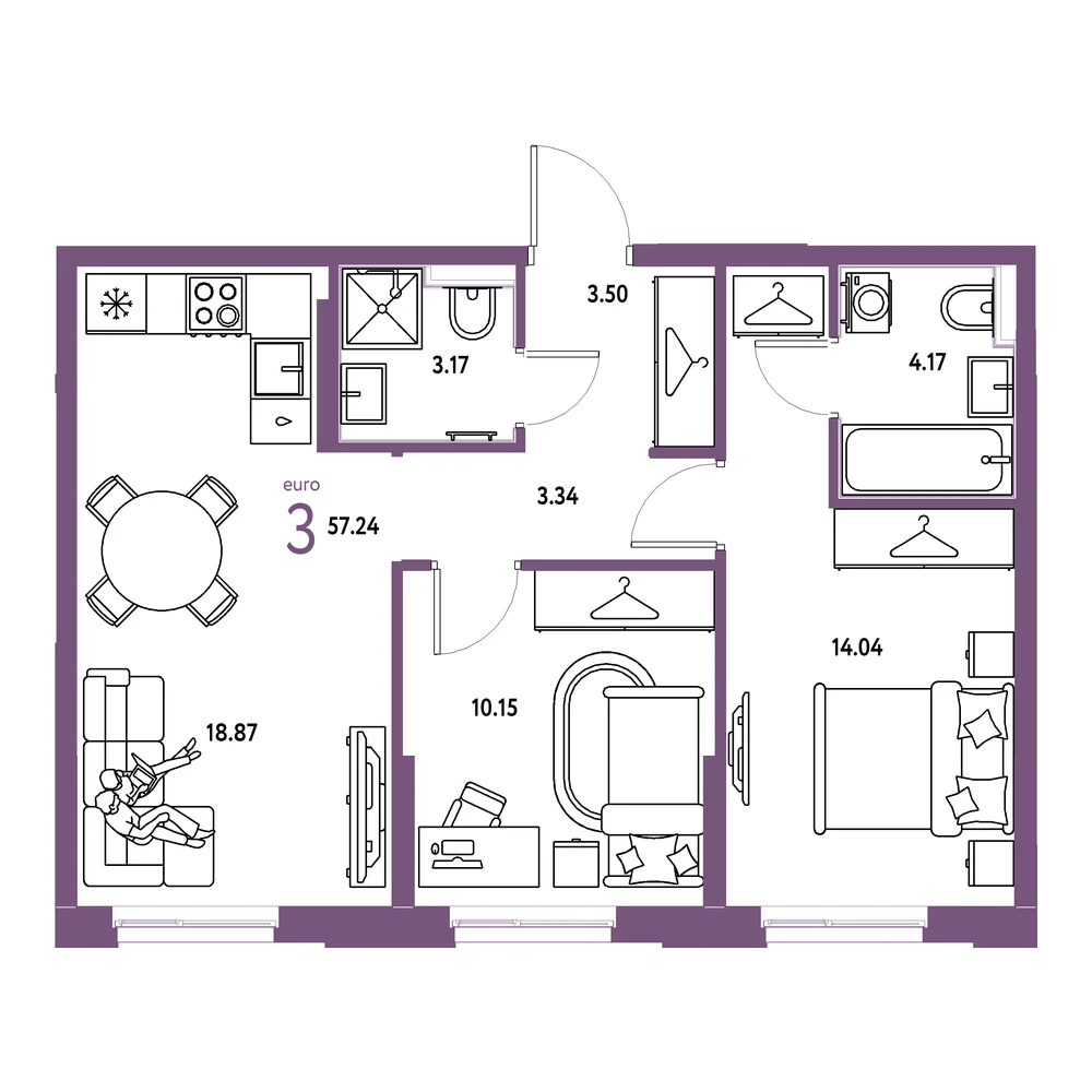 Планировка: Европейский берег 2.0 3-комнатная 57,24м²