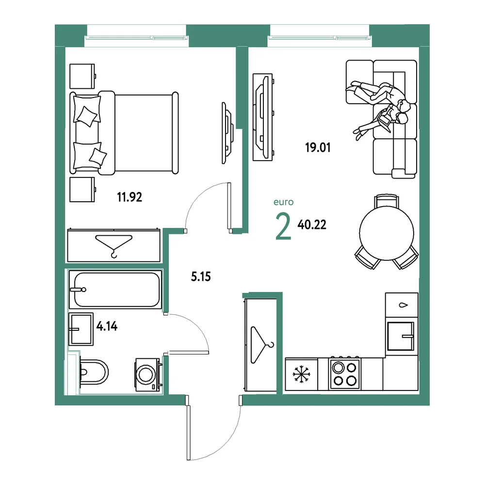 Планировка: Европейский берег 2.0 2-комнатная 40,22м²