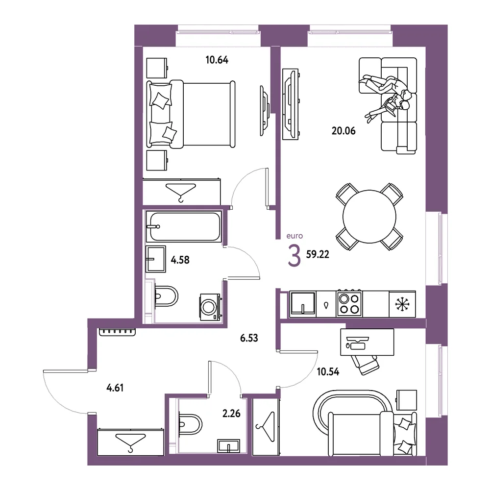 Планировка: Европейский берег 2.0 3-комнатная 59,22м²