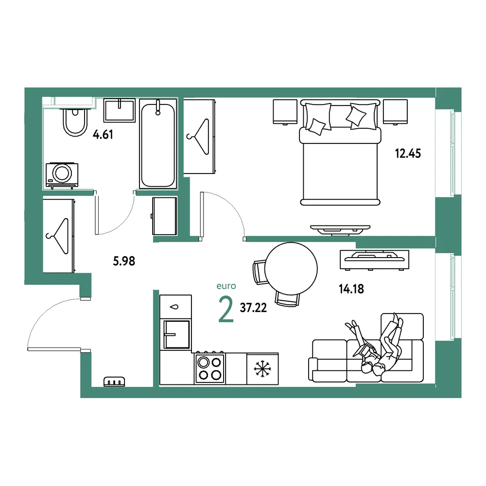 Планировка: Европейский берег 2.0 2-комнатная 37,22м²