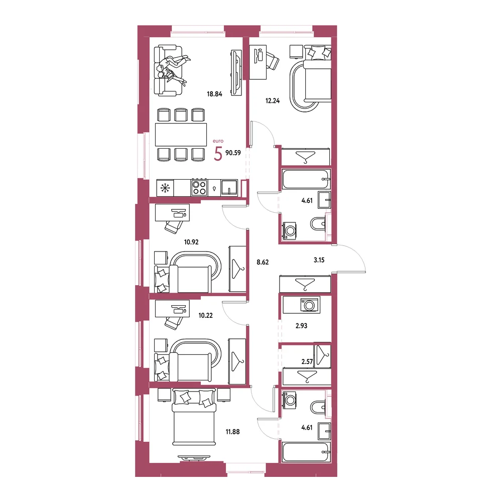 Планировка: Европейский берег 2.0 5-комнатная 90,59м²