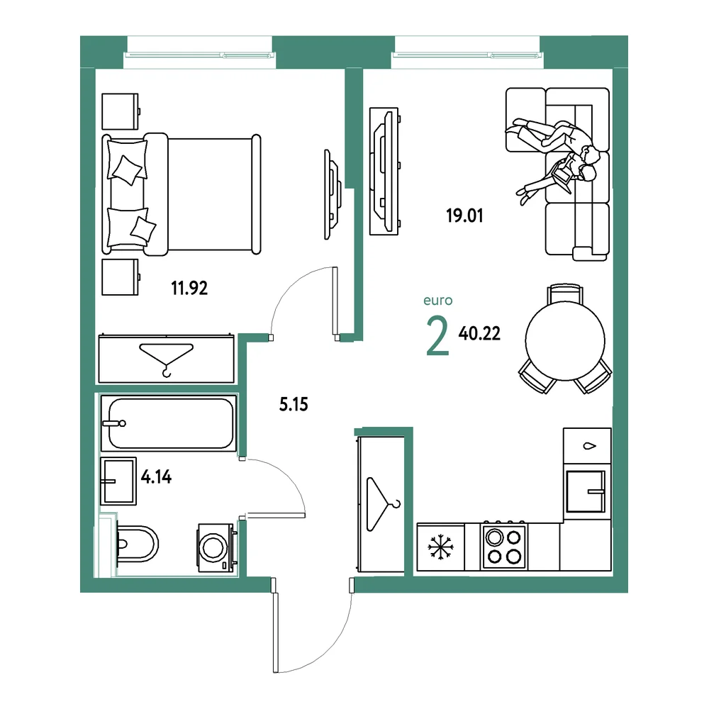 Планировка: Европейский берег 2.0 2-комнатная 40,22м²