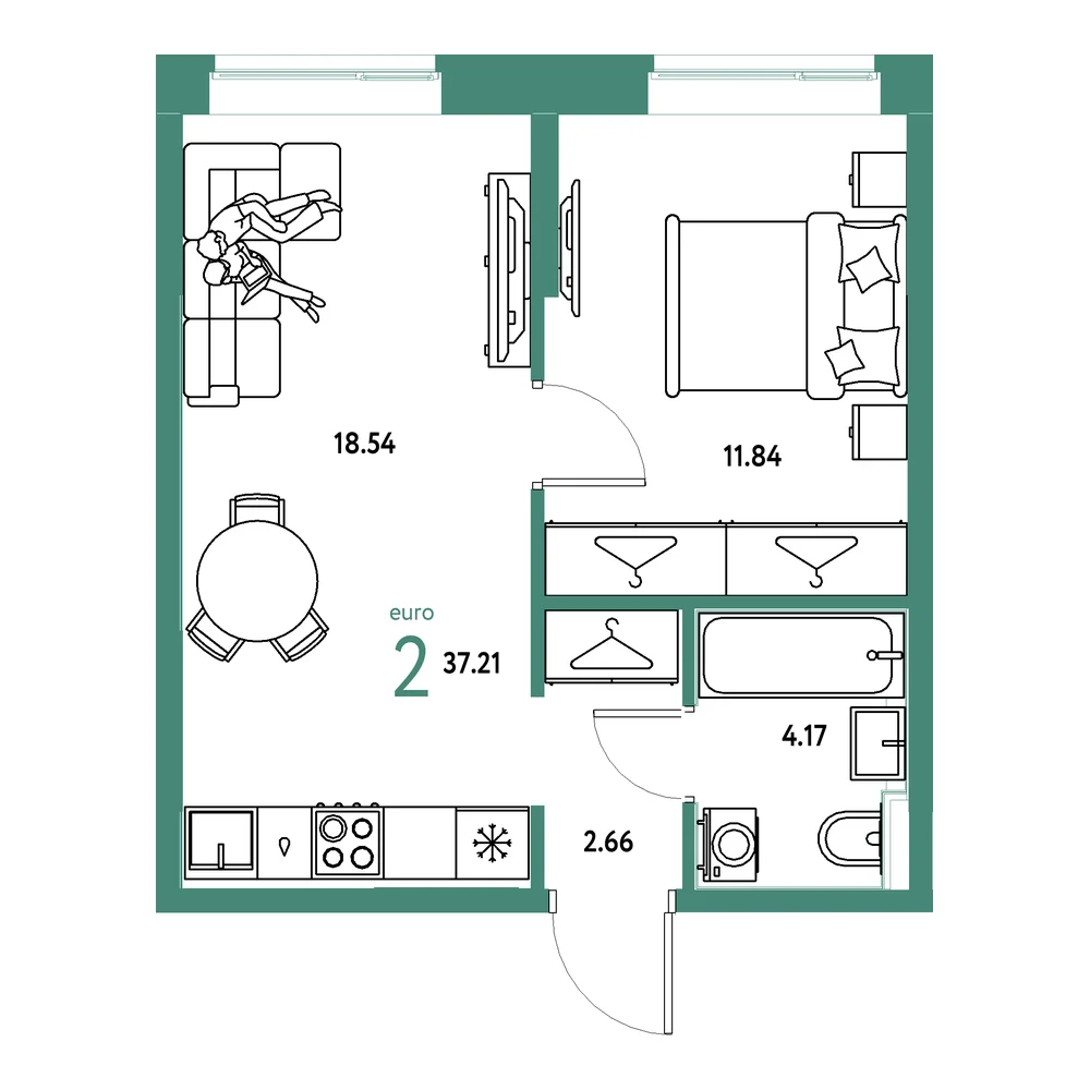 Планировка: Европейский берег 2.0 2-комнатная 37,21м²