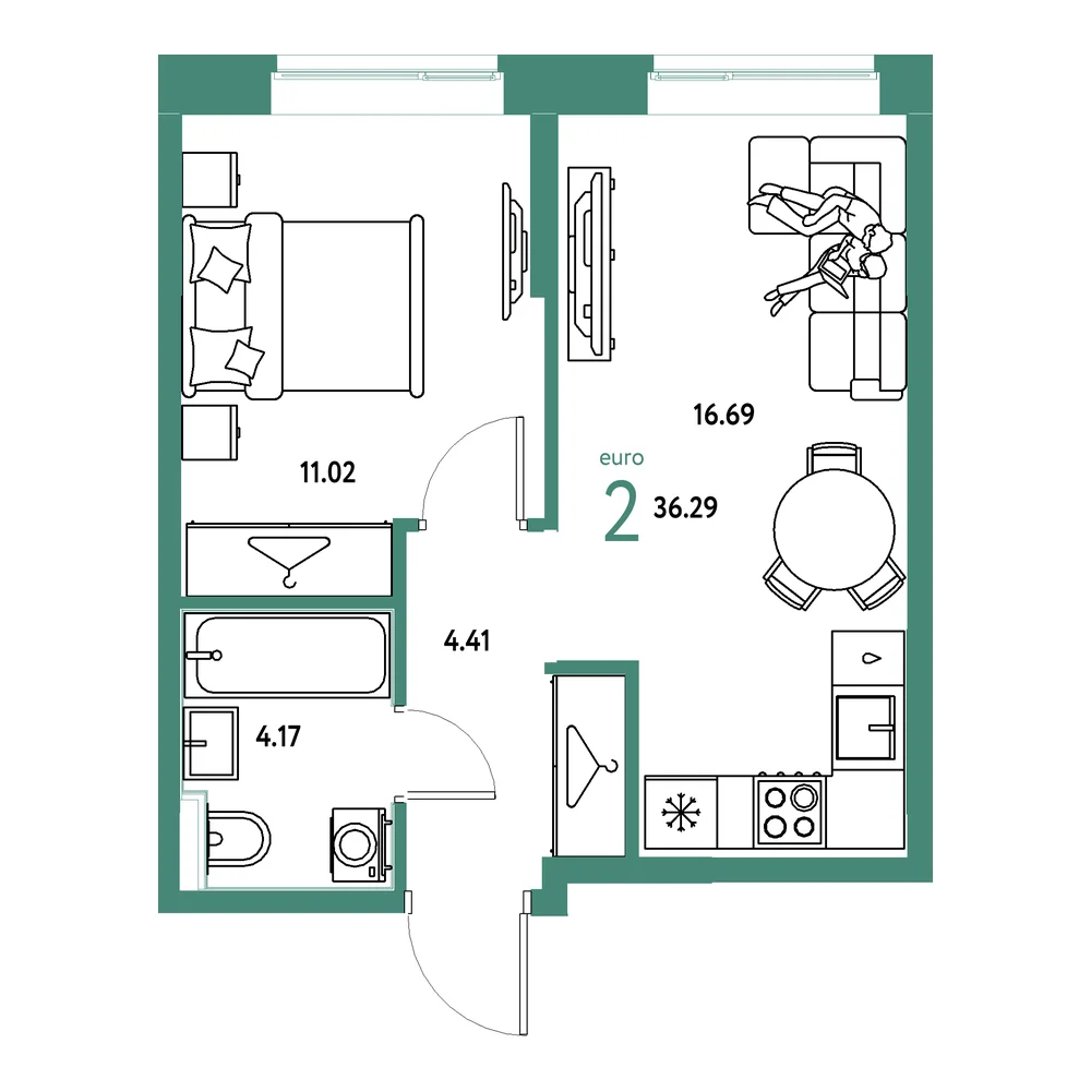 Планировка: Европейский берег 2.0 2-комнатная 36,29м²