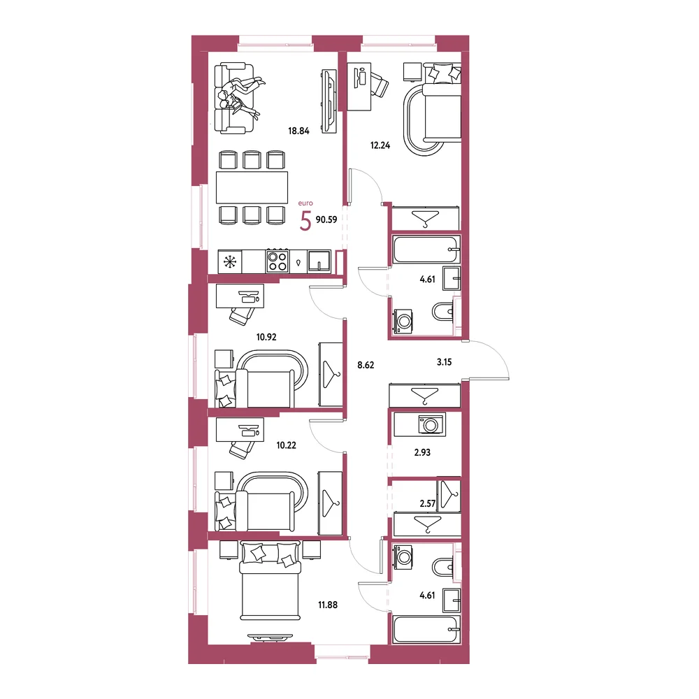 Планировка: Европейский берег 2.0 5-комнатная 90,59м²