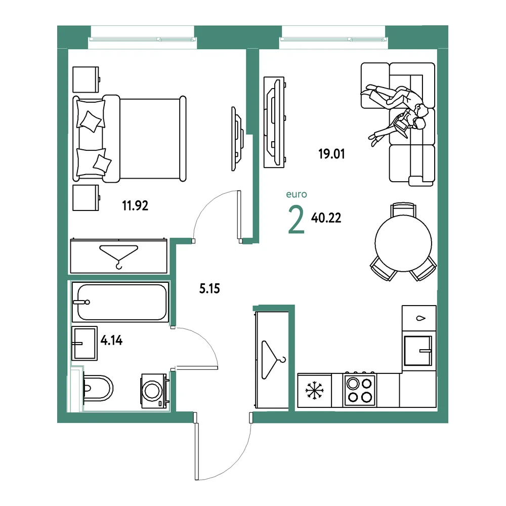 Планировка: Европейский берег 2.0 2-комнатная 40,22м²