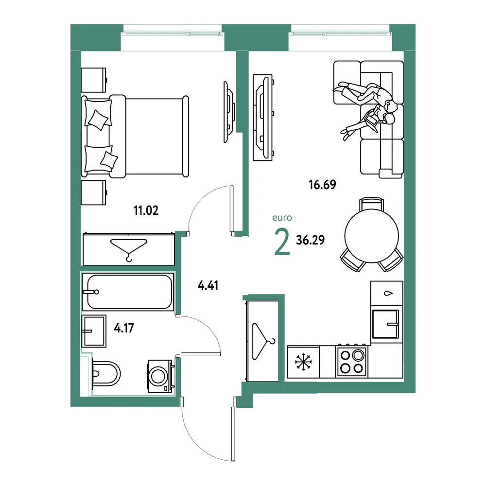Планировка: Европейский берег 2.0 2-комнатная 36,29м²