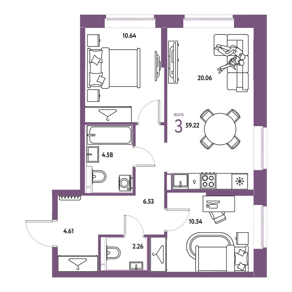 Планировка: Европейский берег 2.0 3-комнатная 59,22м²