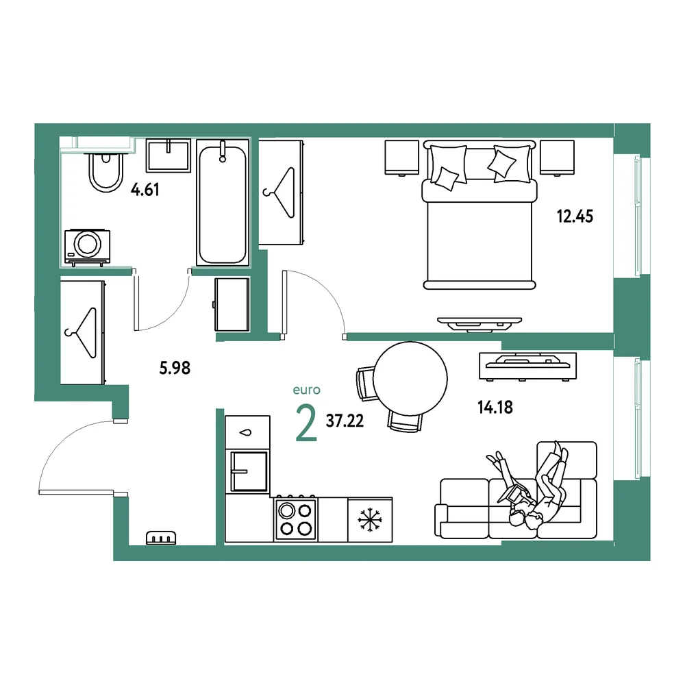 Планировка: Европейский берег 2.0 2-комнатная 37,22м²
