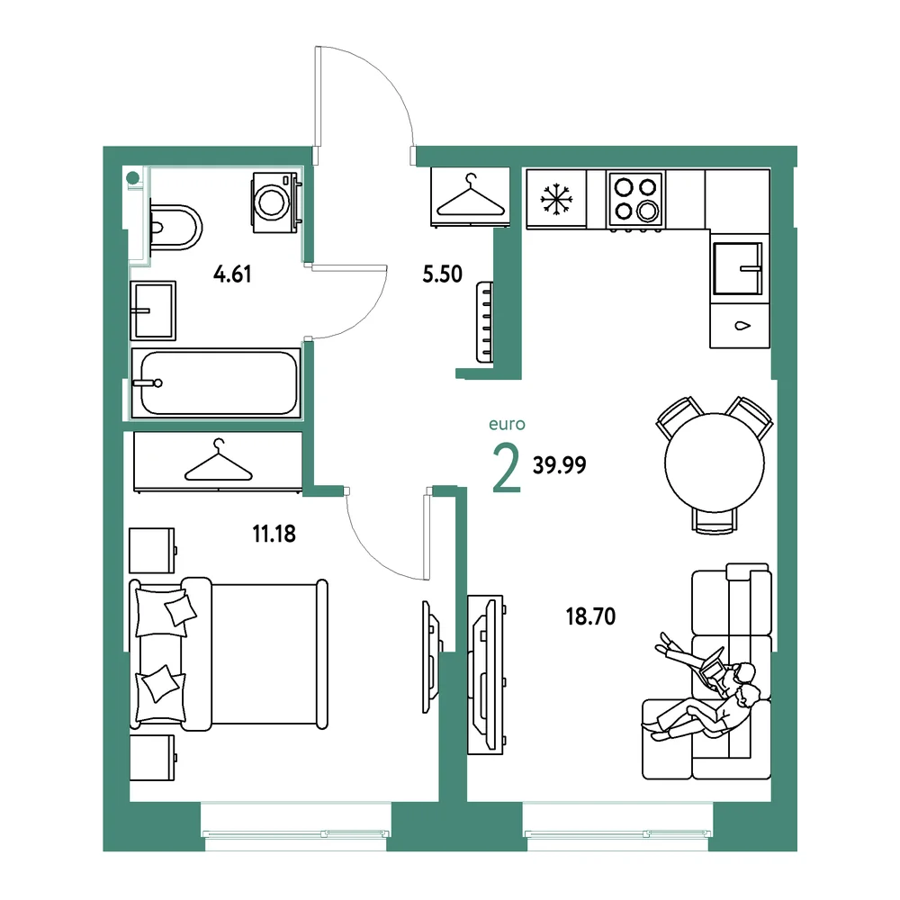 Планировка: Европейский берег 2.0 2-комнатная 39,99м²