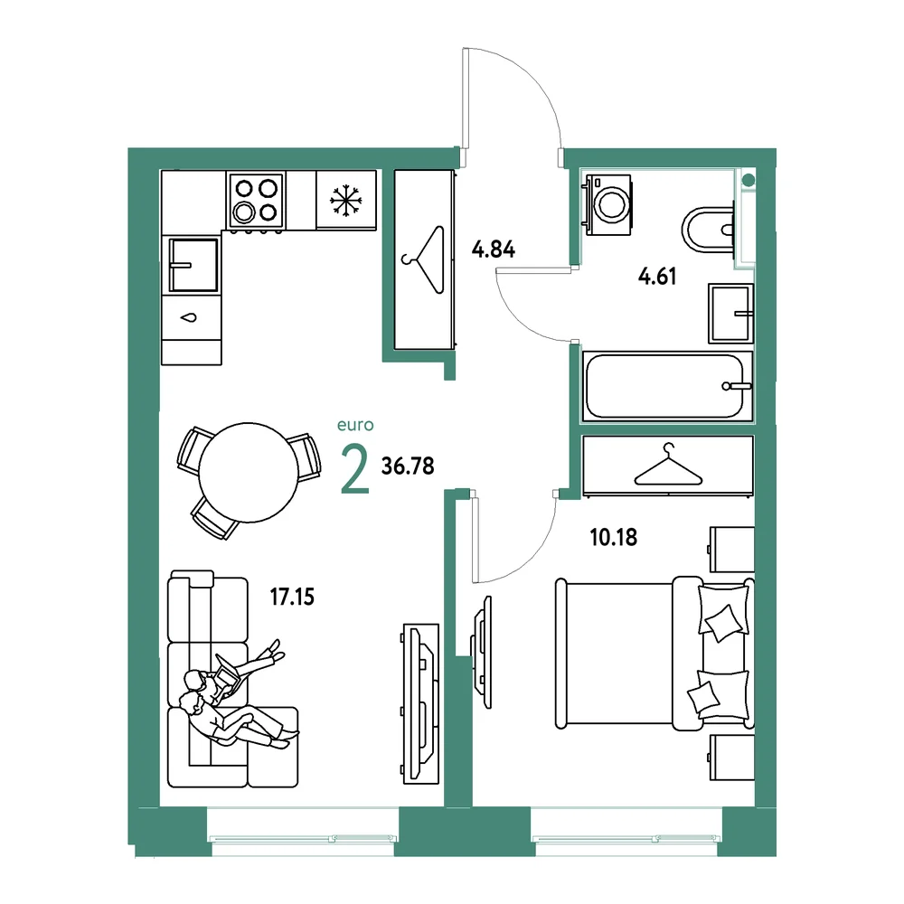 Планировка: Европейский берег 2.0 2-комнатная 36,78м²