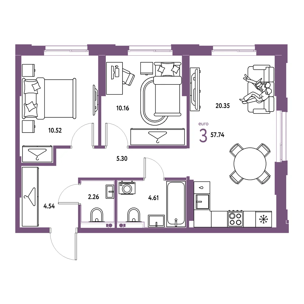 Планировка: Европейский берег 2.0 3-комнатная 57,74м²