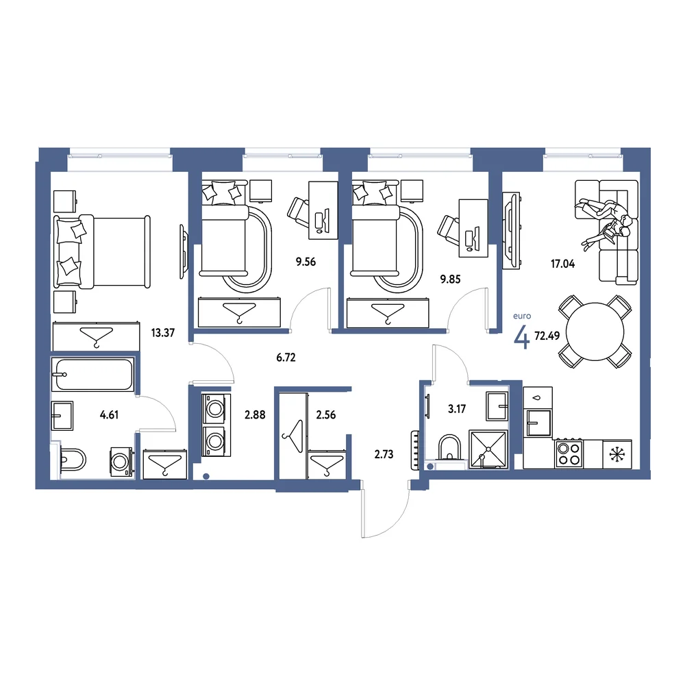 Планировка: Европейский берег 2.0 4-комнатная 72,49м²