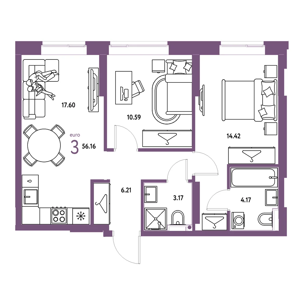 Планировка: Европейский берег 2.0 3-комнатная 56,16м²