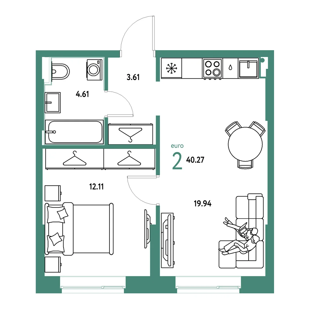 Планировка: Европейский берег 2.0 2-комнатная 40,27м²